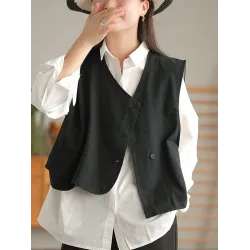 Vintage Asymmetric Solid Color Buttoned Vest Top