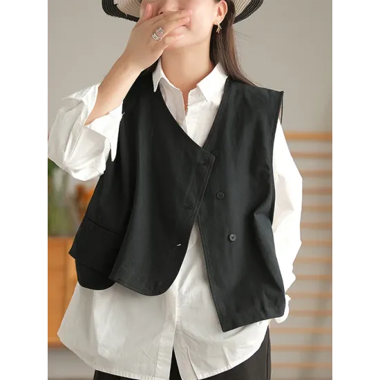 Vintage Asymmetric Solid Color Buttoned Vest Top Vintage Asymmetric Solid Color Buttoned Vest Top