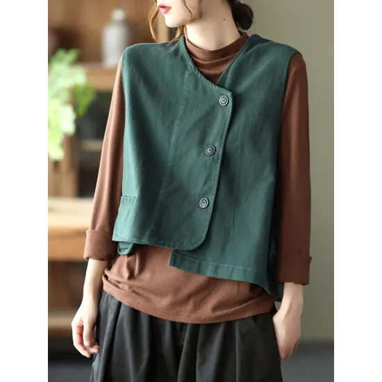 Vintage Asymmetric Solid Color Buttoned Vest Top Vintage Asymmetric Solid Color Buttoned Vest Top