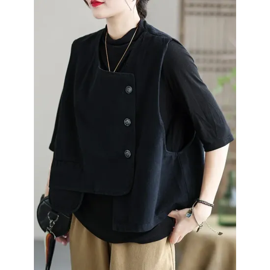 Vintage Asymmetric Solid Color Buttoned Vest Top Vintage Asymmetric Solid Color Buttoned Vest Top
