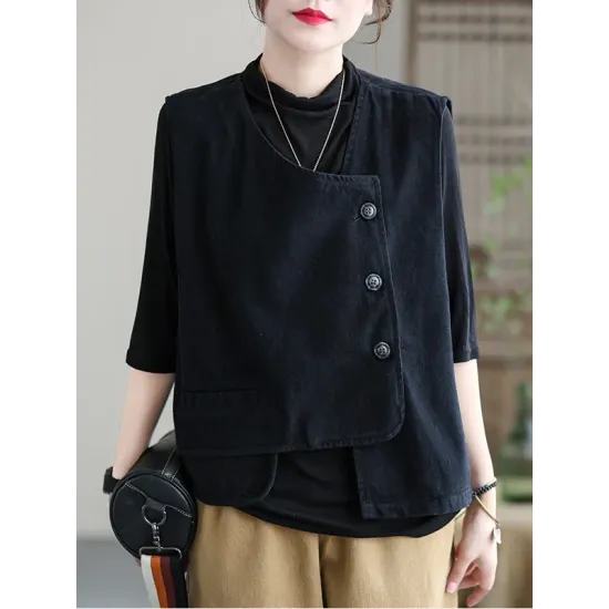 Vintage Asymmetric Solid Color Buttoned Vest Top Vintage Asymmetric Solid Color Buttoned Vest Top
