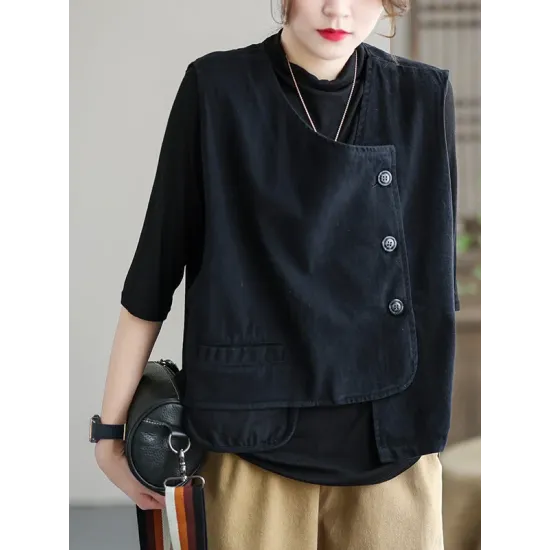 Vintage Asymmetric Solid Color Buttoned Vest Top Vintage Asymmetric Solid Color Buttoned Vest Top