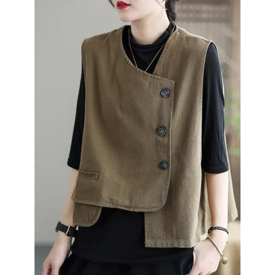 Vintage Asymmetric Solid Color Buttoned Vest Top Vintage Asymmetric Solid Color Buttoned Vest Top