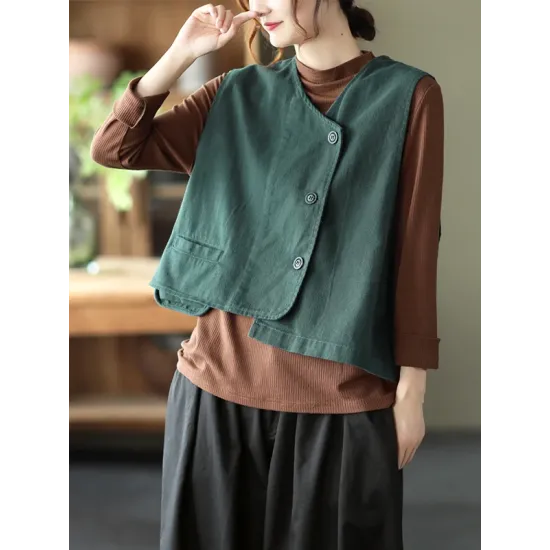 Vintage Asymmetric Solid Color Buttoned Vest Top Vintage Asymmetric Solid Color Buttoned Vest Top
