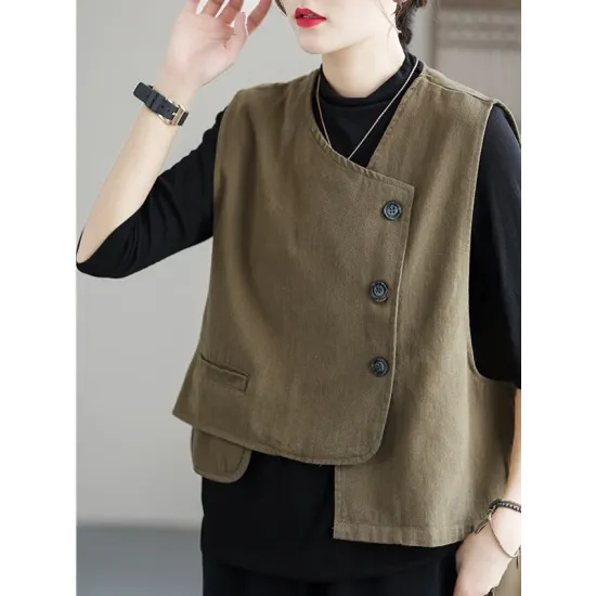 Vintage Asymmetric Solid Color Buttoned Vest Top Vintage Asymmetric Solid Color Buttoned Vest Top