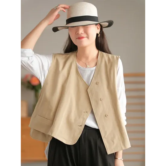 Vintage Asymmetric Solid Color Buttoned Vest Top Vintage Asymmetric Solid Color Buttoned Vest Top