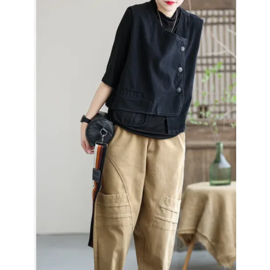 Vintage Asymmetric Solid Color Buttoned Vest Top Vintage Asymmetric Solid Color Buttoned Vest Top