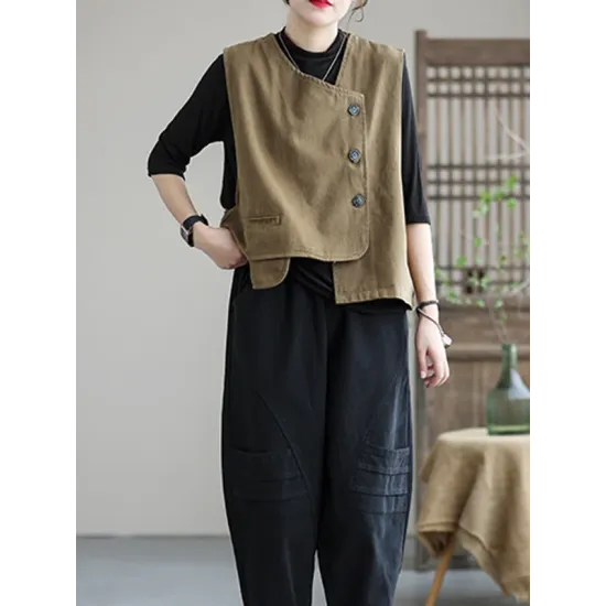 Vintage Asymmetric Solid Color Buttoned Vest Top Vintage Asymmetric Solid Color Buttoned Vest Top
