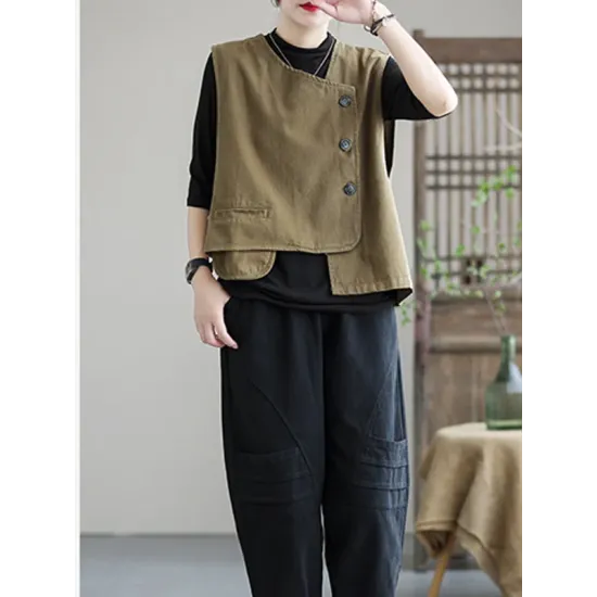 Vintage Asymmetric Solid Color Buttoned Vest Top Vintage Asymmetric Solid Color Buttoned Vest Top