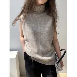 Simple Loose Solid Color High-Neck Knitting Vest Top
