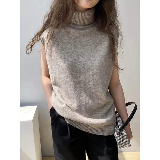 Simple Loose Solid Color High-Neck Knitting Vest Top Simple Loose Solid Color High-Neck Knitting Vest Top