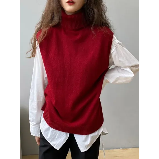 Simple Loose Solid Color High-Neck Knitting Vest Top Simple Loose Solid Color High-Neck Knitting Vest Top