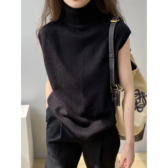 Simple Loose Solid Color High-Neck Knitting Vest Top Simple Loose Solid Color High-Neck Knitting Vest Top