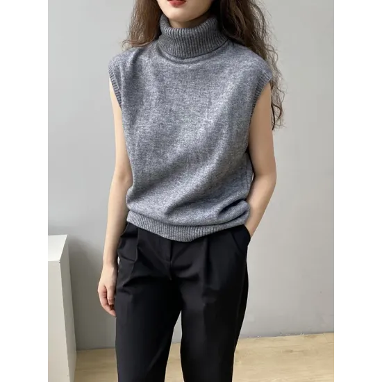 Simple Loose Solid Color High-Neck Knitting Vest Top Simple Loose Solid Color High-Neck Knitting Vest Top