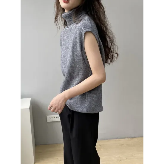 Simple Loose Solid Color High-Neck Knitting Vest Top Simple Loose Solid Color High-Neck Knitting Vest Top
