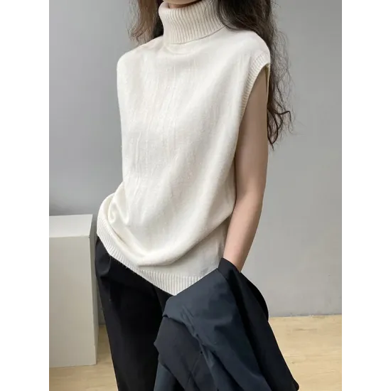 Simple Loose Solid Color High-Neck Knitting Vest Top Simple Loose Solid Color High-Neck Knitting Vest Top