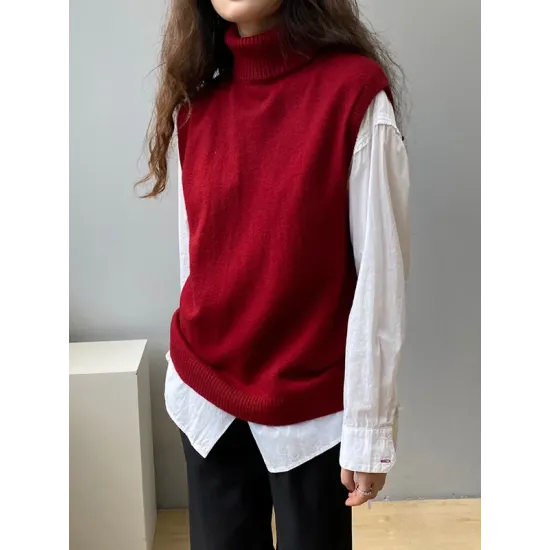 Simple Loose Solid Color High-Neck Knitting Vest Top Simple Loose Solid Color High-Neck Knitting Vest Top