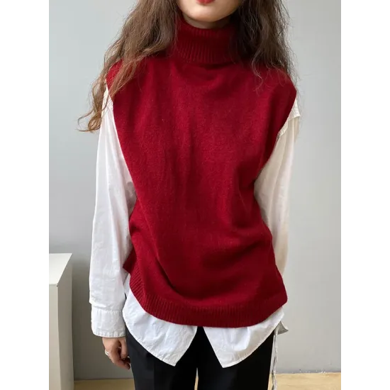 Simple Loose Solid Color High-Neck Knitting Vest Top Simple Loose Solid Color High-Neck Knitting Vest Top