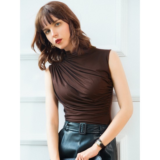 Simple Solid Color Pleated Stand Collar Sleeveless Vest Top Simple Solid Color Pleated Stand Collar Sleeveless Vest Top