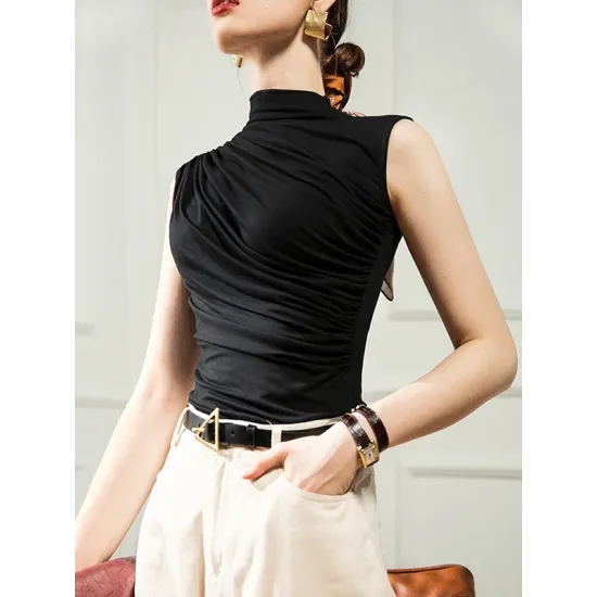 Simple Solid Color Pleated Stand Collar Sleeveless Vest Top Simple Solid Color Pleated Stand Collar Sleeveless Vest Top