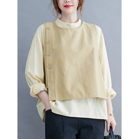 Original Stand Collar Long Sleeves T-Shirt Top&Buttoned Vest Outwear 2 Pieces Set Original Stand Collar Long Sleeves T-Shirt Top&Buttoned Vest Outwear 2 Pieces Set