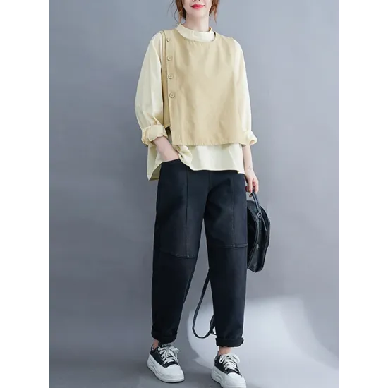 Original Stand Collar Long Sleeves T-Shirt Top&Buttoned Vest Outwear 2 Pieces Set Original Stand Collar Long Sleeves T-Shirt Top&Buttoned Vest Outwear 2 Pieces Set