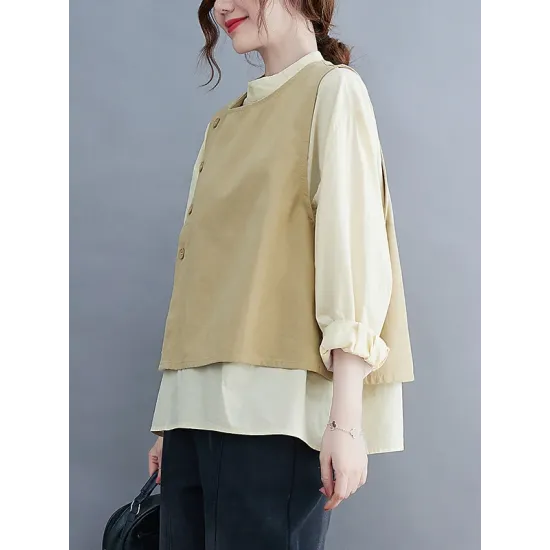 Original Stand Collar Long Sleeves T-Shirt Top&Buttoned Vest Outwear 2 Pieces Set Original Stand Collar Long Sleeves T-Shirt Top&Buttoned Vest Outwear 2 Pieces Set
