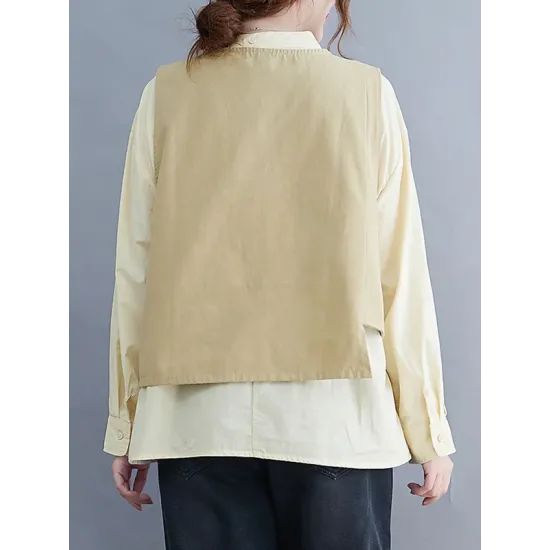 Original Stand Collar Long Sleeves T-Shirt Top&Buttoned Vest Outwear 2 Pieces Set Original Stand Collar Long Sleeves T-Shirt Top&Buttoned Vest Outwear 2 Pieces Set