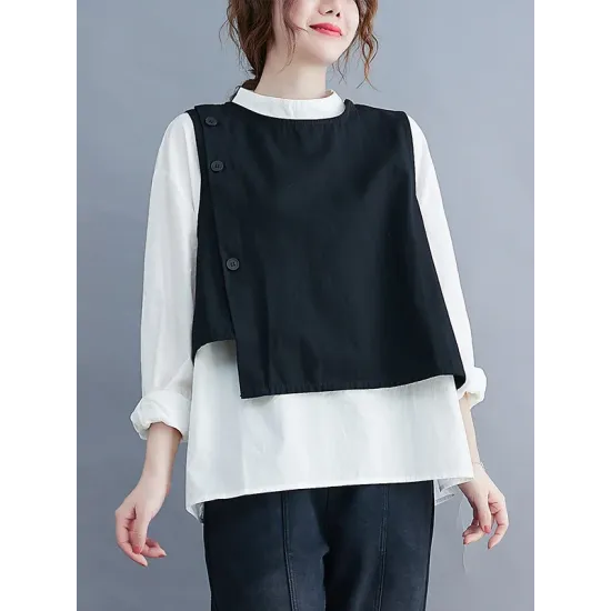 Original Stand Collar Long Sleeves T-Shirt Top&Buttoned Vest Outwear 2 Pieces Set Original Stand Collar Long Sleeves T-Shirt Top&Buttoned Vest Outwear 2 Pieces Set
