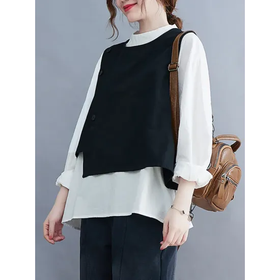Original Stand Collar Long Sleeves T-Shirt Top&Buttoned Vest Outwear 2 Pieces Set Original Stand Collar Long Sleeves T-Shirt Top&Buttoned Vest Outwear 2 Pieces Set