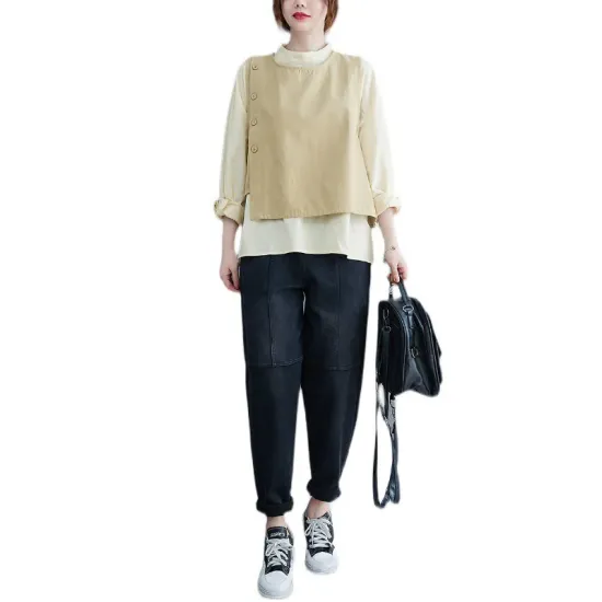 Original Stand Collar Long Sleeves T-Shirt Top&Buttoned Vest Outwear 2 Pieces Set Original Stand Collar Long Sleeves T-Shirt Top&Buttoned Vest Outwear 2 Pieces Set