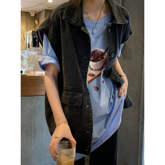 Simple Split-Joint Solid Color Denim Vest Outerwear Simple Split-Joint Solid Color Denim Vest Outerwear