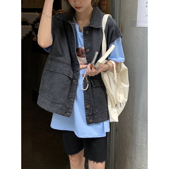 Simple Split-Joint Solid Color Denim Vest Outerwear Simple Split-Joint Solid Color Denim Vest Outerwear