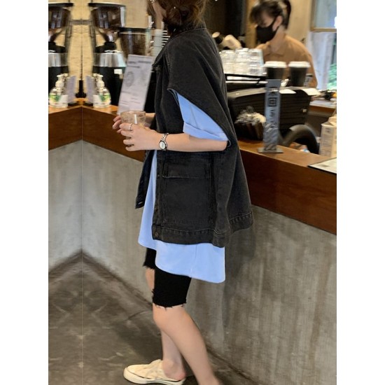 Simple Split-Joint Solid Color Denim Vest Outerwear Simple Split-Joint Solid Color Denim Vest Outerwear