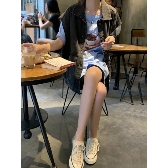 Simple Split-Joint Solid Color Denim Vest Outerwear Simple Split-Joint Solid Color Denim Vest Outerwear
