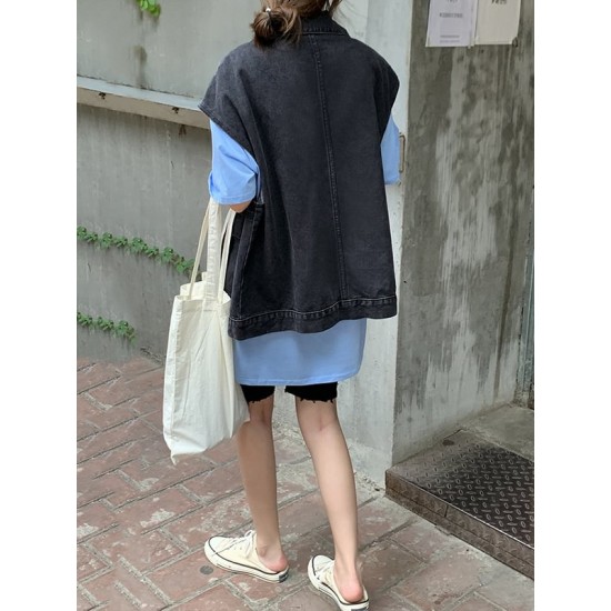 Simple Split-Joint Solid Color Denim Vest Outerwear Simple Split-Joint Solid Color Denim Vest Outerwear