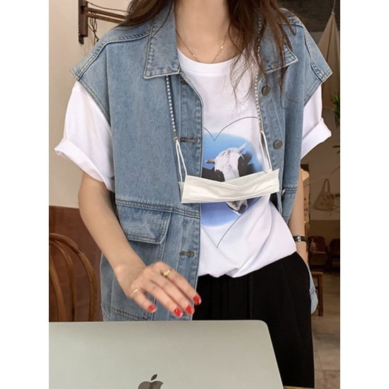Simple Split-Joint Solid Color Denim Vest Outerwear Simple Split-Joint Solid Color Denim Vest Outerwear