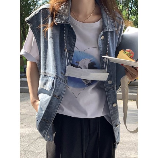 Simple Split-Joint Solid Color Denim Vest Outerwear Simple Split-Joint Solid Color Denim Vest Outerwear