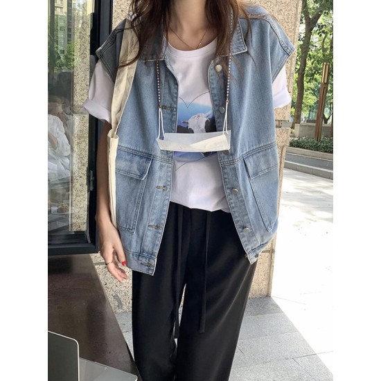 Simple Split-Joint Solid Color Denim Vest Outerwear Simple Split-Joint Solid Color Denim Vest Outerwear