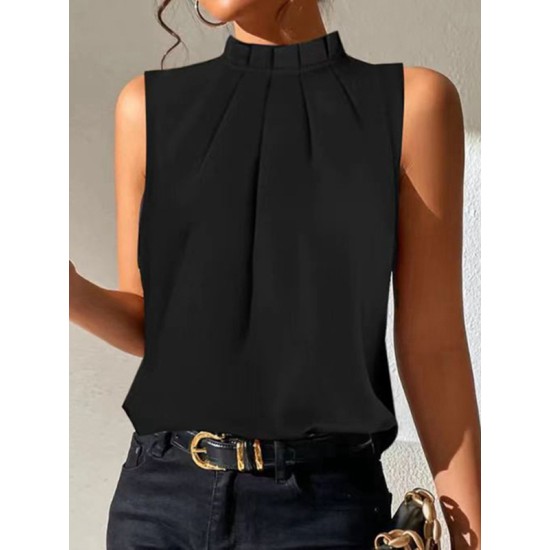 Pleated Solid Color Split-Joint Loose Sleeveless Stand Collar Vest Top Pleated Solid Color Split-Joint Loose Sleeveless Stand Collar Vest Top