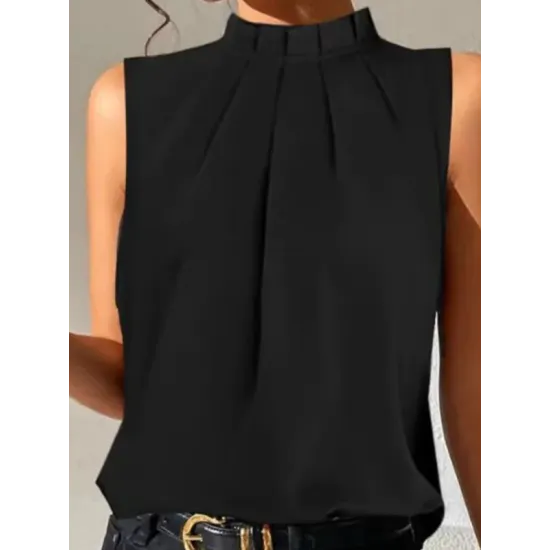Pleated Solid Color Split-Joint Loose Sleeveless Stand Collar Vest Top Pleated Solid Color Split-Joint Loose Sleeveless Stand Collar Vest Top
