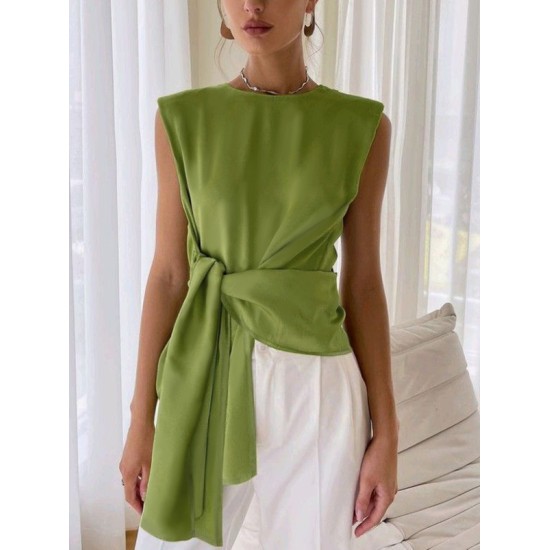 Loose Sleeveless Asymmetric Knot Solid Color Round-Neck Vest Top Loose Sleeveless Asymmetric Knot Solid Color Round-Neck Vest Top