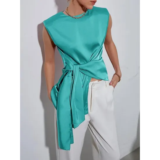 Loose Sleeveless Asymmetric Knot Solid Color Round-Neck Vest Top Loose Sleeveless Asymmetric Knot Solid Color Round-Neck Vest Top