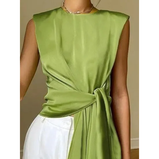 Loose Sleeveless Asymmetric Knot Solid Color Round-Neck Vest Top Loose Sleeveless Asymmetric Knot Solid Color Round-Neck Vest Top
