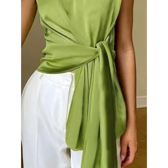Loose Sleeveless Asymmetric Knot Solid Color Round-Neck Vest Top Loose Sleeveless Asymmetric Knot Solid Color Round-Neck Vest Top