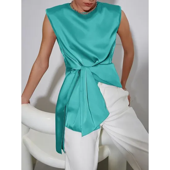 Loose Sleeveless Asymmetric Knot Solid Color Round-Neck Vest Top Loose Sleeveless Asymmetric Knot Solid Color Round-Neck Vest Top