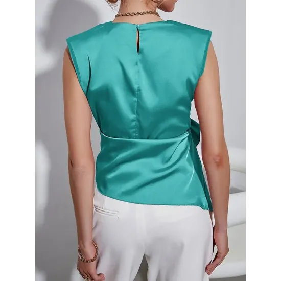Loose Sleeveless Asymmetric Knot Solid Color Round-Neck Vest Top Loose Sleeveless Asymmetric Knot Solid Color Round-Neck Vest Top
