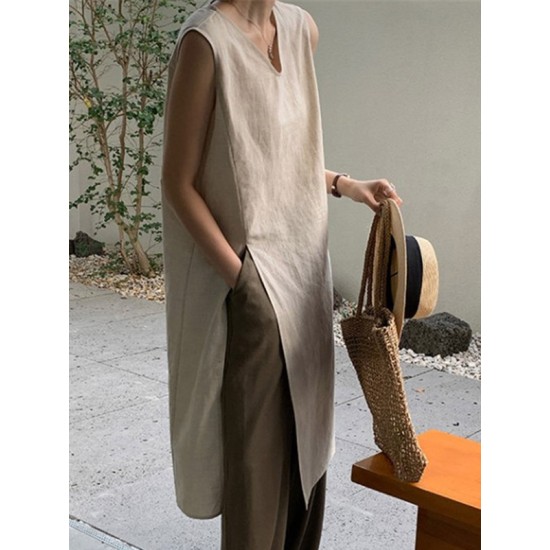 Solid Color Split-side Loose Sleeveless V-neck Vest Top Solid Color Split-side Loose Sleeveless V-neck Vest Top