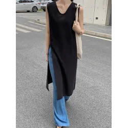 Solid Color Split-side Loose Sleeveless V-neck Vest Top
