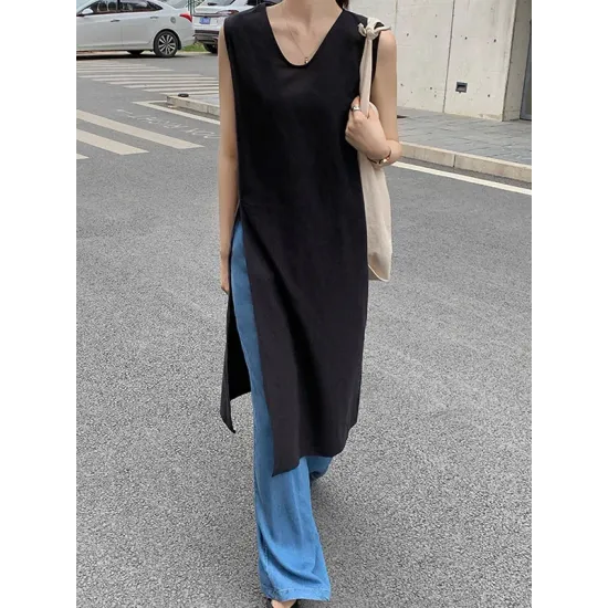 Solid Color Split-side Loose Sleeveless V-neck Vest Top Solid Color Split-side Loose Sleeveless V-neck Vest Top